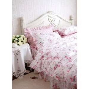 Shabby and Elegant Pretty Pink Roses Cotton 4pc Queen Bedding Duvet 