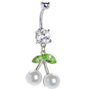  Crystalline Gem Pearl Cherry Dangle Belly Ring Jewelry