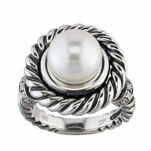   Pearl and Diamond Designer Ring, .925 Sterling Silver Band QR 10141 AM