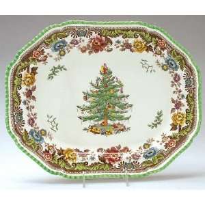 Spode Christmas Tree Green Trim Gadroon Platter, Fine China Dinnerware 