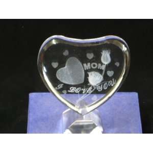   3D Crystal Laser Engraved MOM I Love You with Heart and Flower