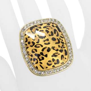 Crystal Rhinestone Animal Print Square Ring Leopard  