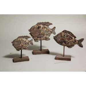  Set Of 3 Wood & Shell Fish Table Decor