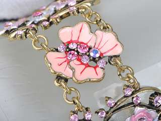 Vintage Gold Tone Pink Rose Lavender Crystal Rhinestone Enamel Chain 