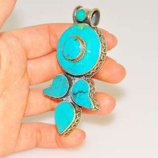 BOLD Sterling Silver TURQUOISE Nepal Inlay Pendant  