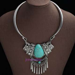 Tibet silverOVAL turquoise bead fringe chaplet necklace  