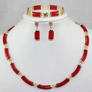 Noblest  Red Ruby Link Necklace Bracelet earring Set  