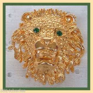 VINTAGE GREEN EYED CRYSTAL LIONS HEAD BROOCH 1.95 NOS  