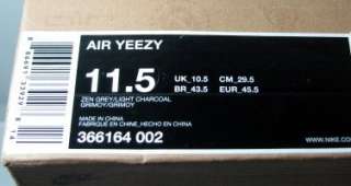 Nike Air Yeezy Kanye West Zen Grey Light Charcoal Size 11.5 366164 002 