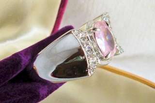 CHUNKY PINK CLEAR CZ SILVER TONE COSTUME RING SZ 9.5  