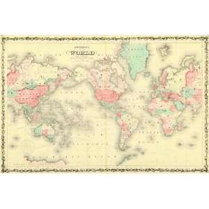    Antique Map of World on Mercators Projection, 1865