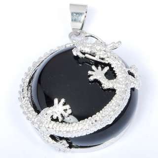 Black Agate naturla gemstone silver plated dragon pendant bead (Free 