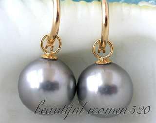 HUGE 16mm round gray south sea shell pearl dangle earring 14k