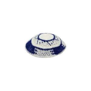  White Knitted Kippah with Blue Sun and Stripes Everything 