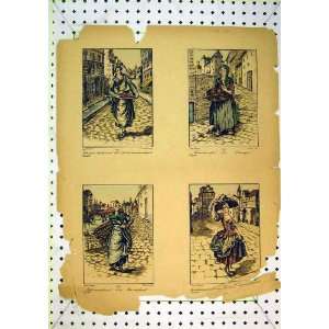  French Colour Print Women Street Sellers Lady Houses