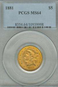 1881 $5.00 Liberty Head Half Eagle Gold Coin PCGS MS64  
