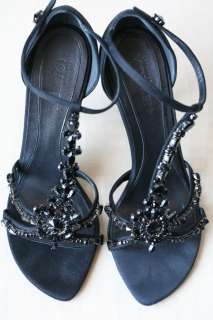   MCQUEEN Black Crystal Ankle T Strap Pump High Heel Sandal Shoe 8 38