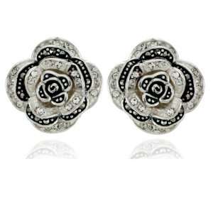  Sterling Silver Marcasite and Crystal Rose Post Earrings Jewelry
