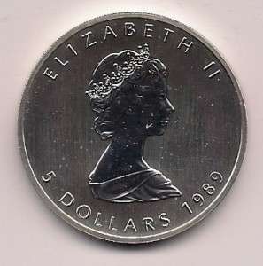 1989 Canadian 1oz Five Dollar Silver Maple Leaf.  