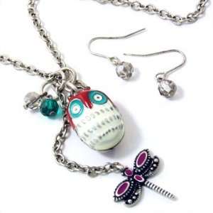 Super Cute Bijoux Stella 3 D Blue/Red Owl and Firefly Multi Charm LONG 