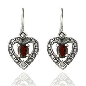    Sterling Silver Marcasite and Garnet Heart Earrings Jewelry