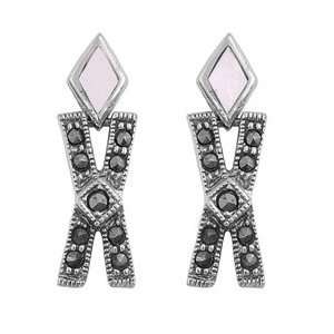   Sterling Silver Dangling Earrings with Pink Pearl & Marcasite Jewelry