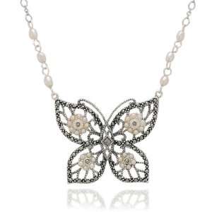   Sterling Silver Marcasite Pearl Butterfly Necklace, 16 + 2 Jewelry