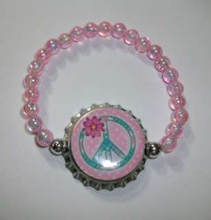 Pink Peace Sign Iridescent Beaded Bottle Cap Bracelet  