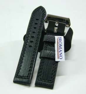22MM BLACK ROMANO LEATHER&BLACK STITCH WATCH STRAP SOLID SS BUCKLE 