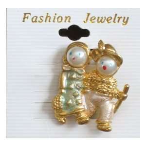   Girl & Boy Pin Brooch (Gold Tone w Faux 1/2 Pearl Faces) Everything