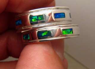Matching Set Solid Opal Inlay Wedding Band Ring Silver  