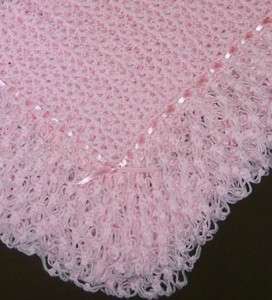   Crocheted Baby Blanket Afghan with Ribbon & Bows; Large size 38x42
