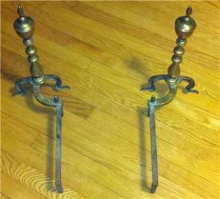 Pair of Vintage Antique Fireplace Andirons Brass and Cast Iron Puritan 