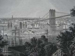 Original Antique Engraving BROOKLYN HEIGHTS East River Bridge Ferry 