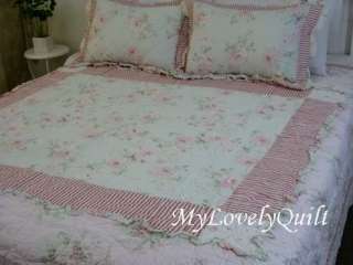 Ashwell Pale Pink Green Hand Quilted Ruffle Patchwork BEDSPREAD Quilt 