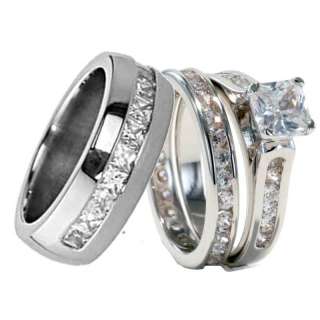 His Hers 3 pcs Mens Womens Titanium Cubic Zirconia Wedding Ring Set 
