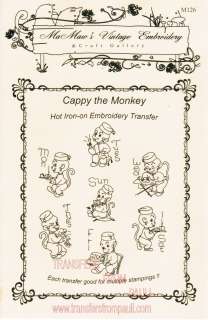 Cappy the Bellhop Monkey for Tea Towels Hot Iron Embroidery Transfers 