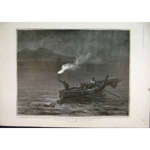  1903 Fishing Night Bay Naples Boat Torchlight Old Print 
