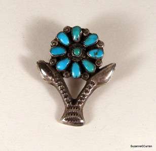 Old Sterling & Turquoise Zuni Petit Point Flower Pin  