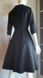 Vintage 50s NEW LOOK Rayon Full Skirt Dress Black Shirtdress XS B32 