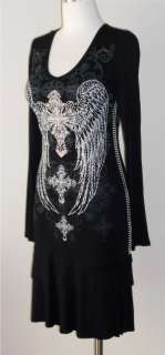 CRYSTAL CROSS ANGEL WINGS TATTOO BLACK RUFFLE DRESS TUNIC & ED HARDY 