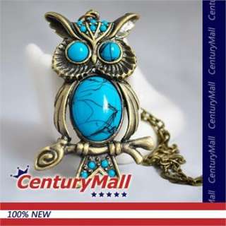 New Antique Bronze Retro Charm Blue Big Eye Owl Pendant Long Chain 
