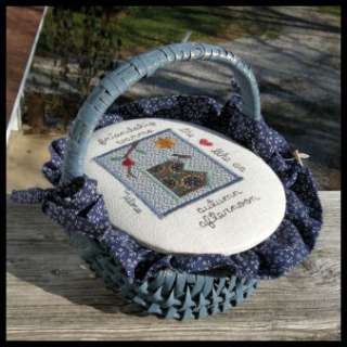 Blue Wicker Woven Sewing Basket, Handmade Craft Applique Embroidered 