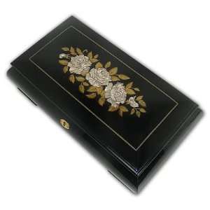 Black Sorrento Inlaid Musical Jewelry Box With Beautiful Floral Inlay 