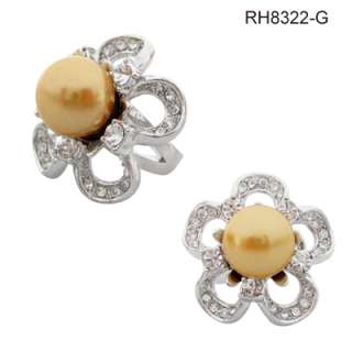 White Gold Plated 13mm Faux Pearl Flower Cocktail Ring  