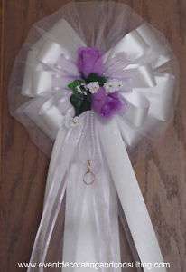 LAVENDER ROSES WHITE TULLE Pew Bows for Weddings  
