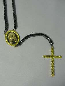 ROW CHAIN ROSARY ICED OUT CROSS/JESUS FACE BLK/YELOW  