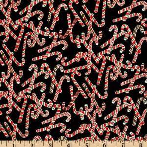  44 Wide Christmas Time Candy Canes Black Fabric By The 