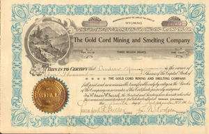 1902 Gold Cord Mining Denver Colorado stock certificate  
