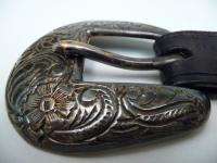 Ladies Western Style Thick Black Leather Belt with Silvertone 
